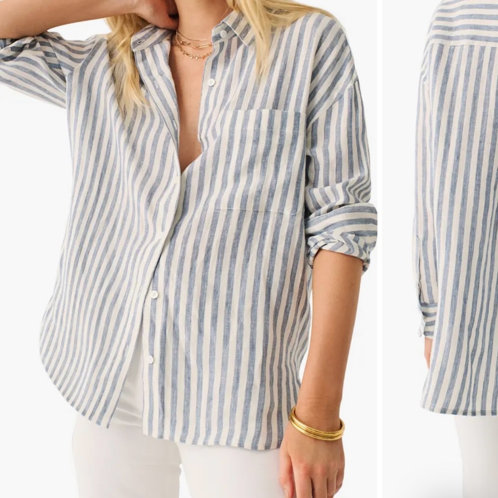 Faherty Blue Lucy Stripe Linen Laguna Long Sleeve Relaxed Fit Shirt size Medium